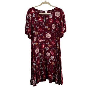 Old‎ Navy Burgundy Floral Short-Sleeve Mini Dress XL Rayon Smocked Boho Cottage